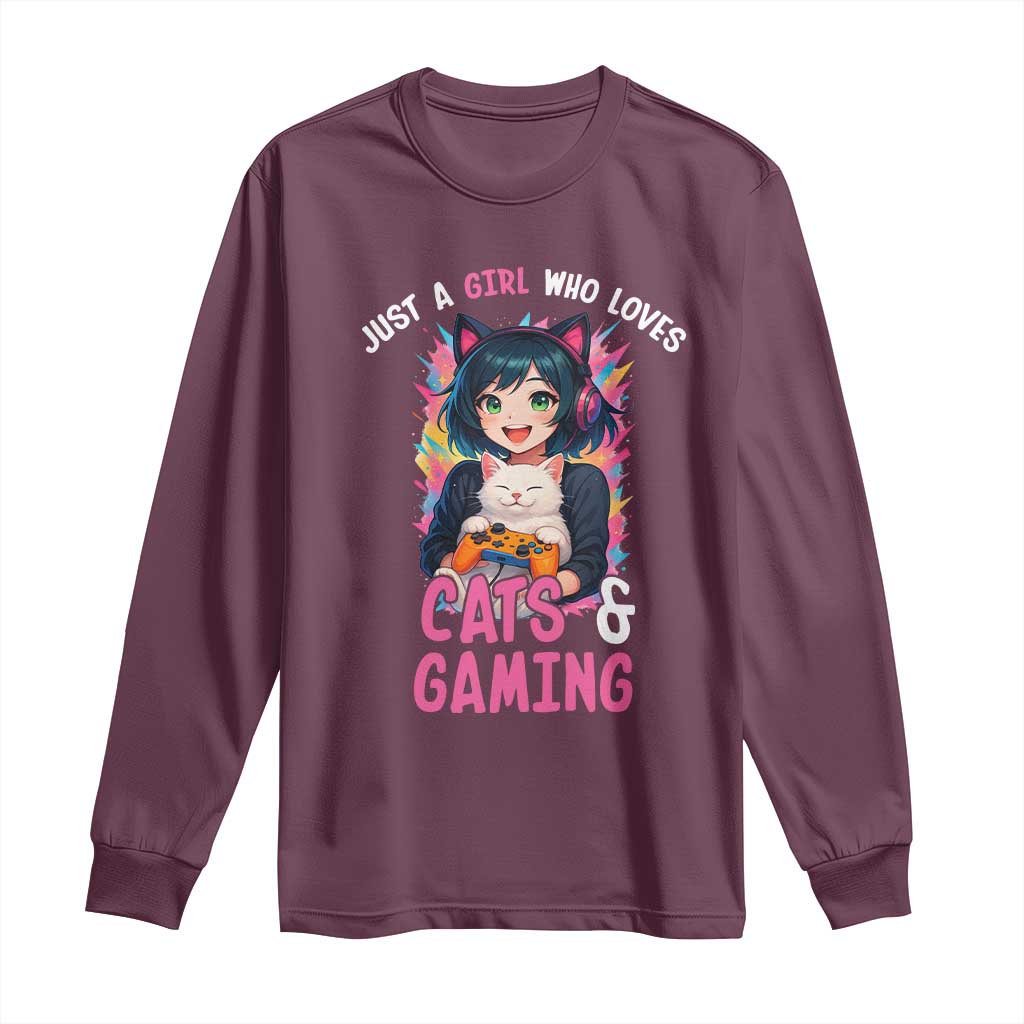 Just A Girl Who Loves Cats And Gaming Long Sleeve Shirt Cute Gamer Gift TS12 Maroon Print Your Wear