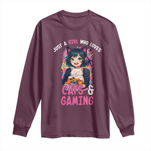 Just A Girl Who Loves Cats And Gaming Long Sleeve Shirt Cute Gamer Gift TS12 Maroon Print Your Wear