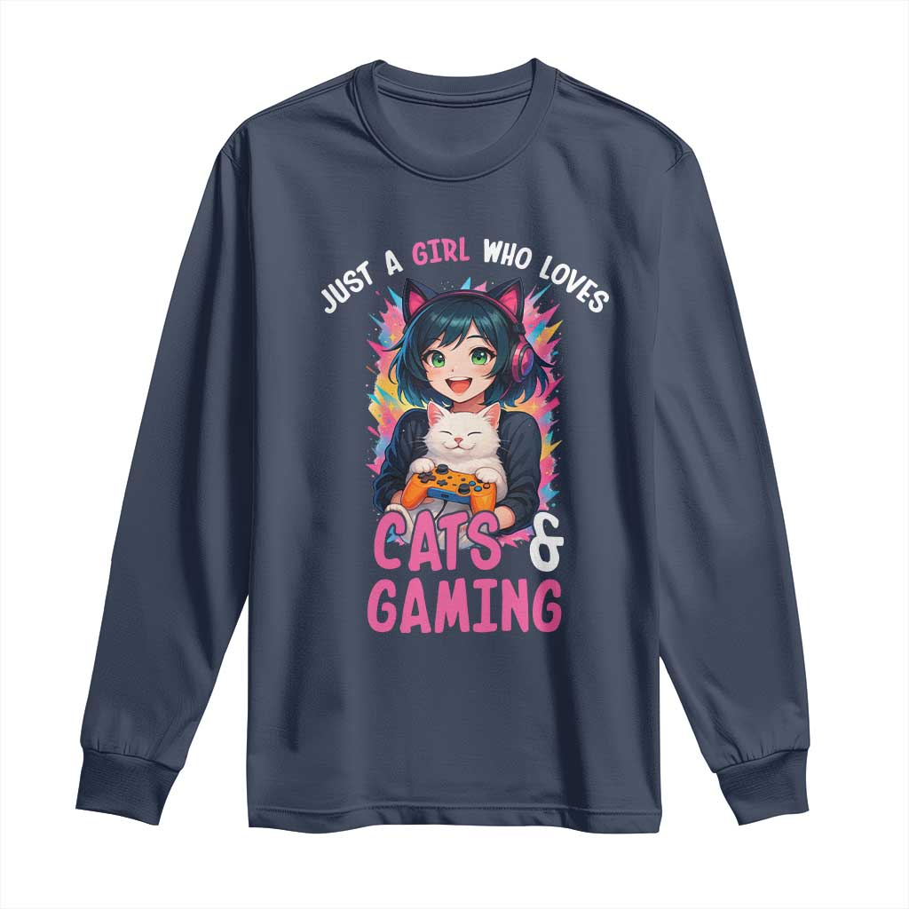 Just A Girl Who Loves Cats And Gaming Long Sleeve Shirt Cute Gamer Gift TS12 Navy Print Your Wear