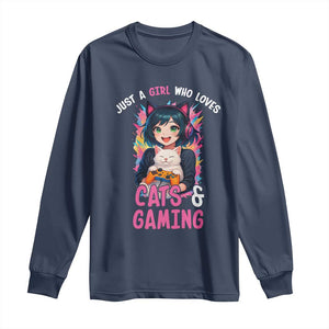 Just A Girl Who Loves Cats And Gaming Long Sleeve Shirt Cute Gamer Gift TS12 Navy Print Your Wear
