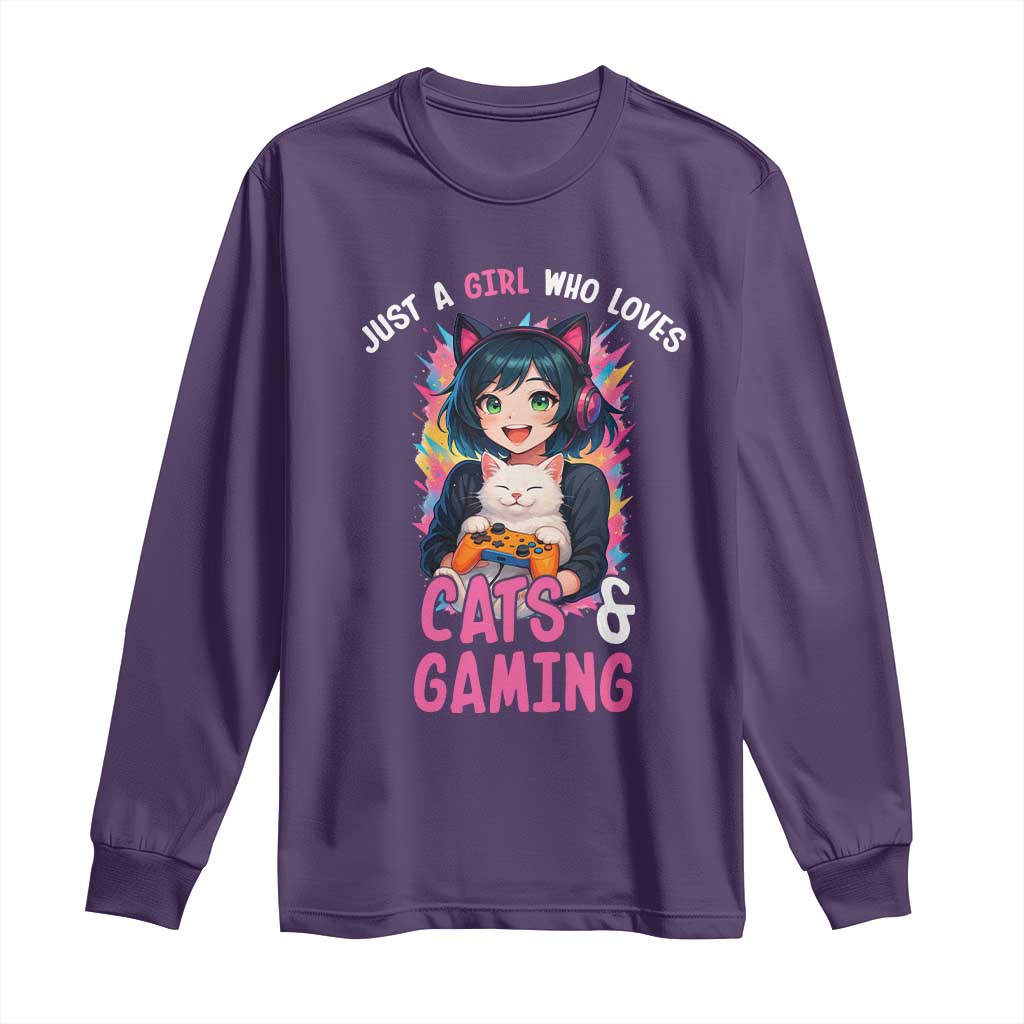 Just A Girl Who Loves Cats And Gaming Long Sleeve Shirt Cute Gamer Gift TS12 Purple Print Your Wear