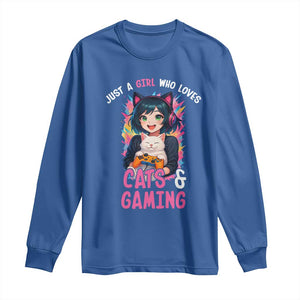 Just A Girl Who Loves Cats And Gaming Long Sleeve Shirt Cute Gamer Gift TS12 Royal Blue Print Your Wear