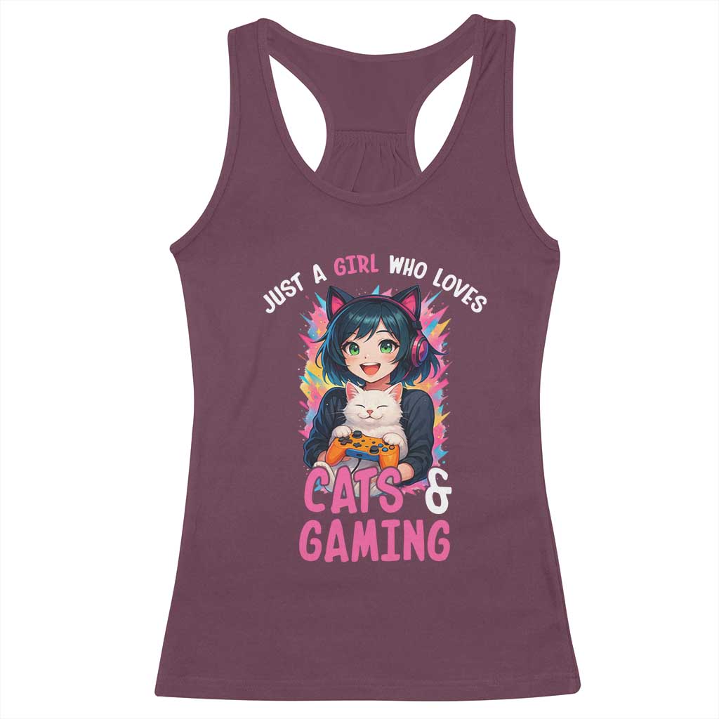 Just A Girl Who Loves Cats And Gaming Racerback Tank Top Cute Gamer Gift TS12 Maroon Print Your Wear