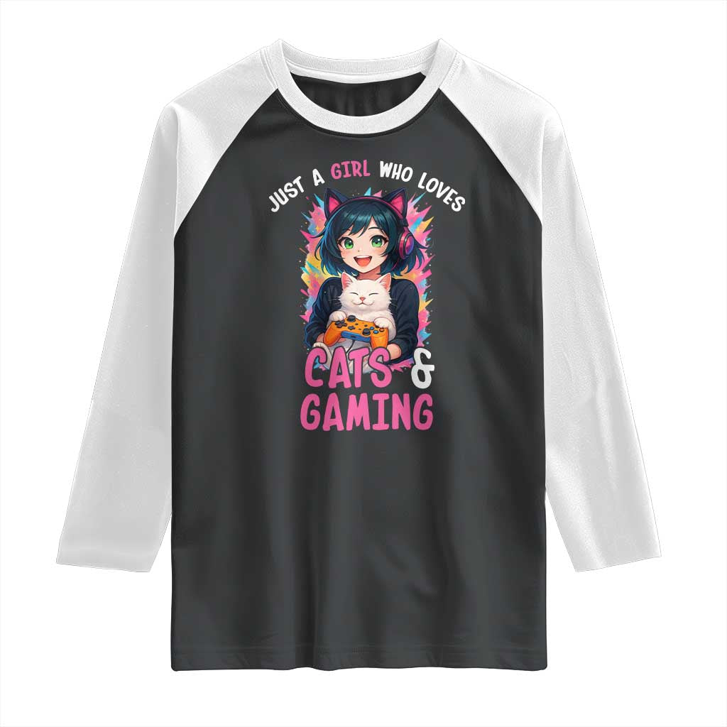 Just A Girl Who Loves Cats And Gaming Raglan Shirt Cute Gamer Gift TS12 Black White Print Your Wear