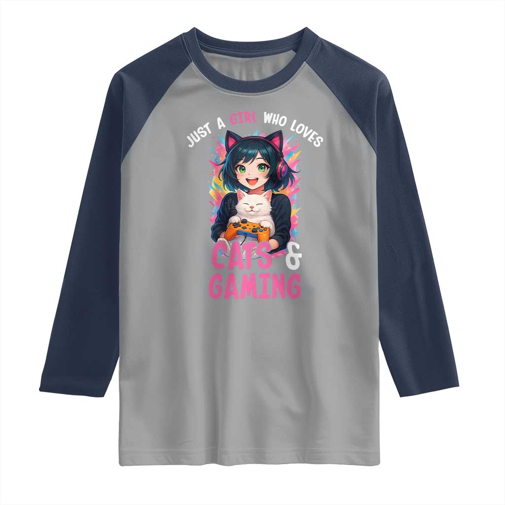 Just A Girl Who Loves Cats And Gaming Raglan Shirt Cute Gamer Gift TS12 Sport Gray Navy Print Your Wear