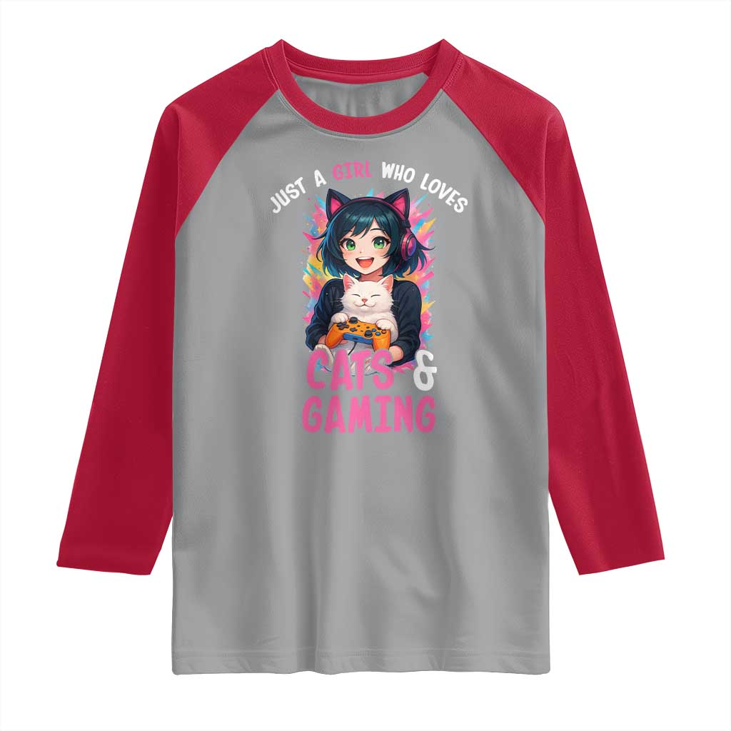 Just A Girl Who Loves Cats And Gaming Raglan Shirt Cute Gamer Gift TS12 Sport Gray Red Print Your Wear