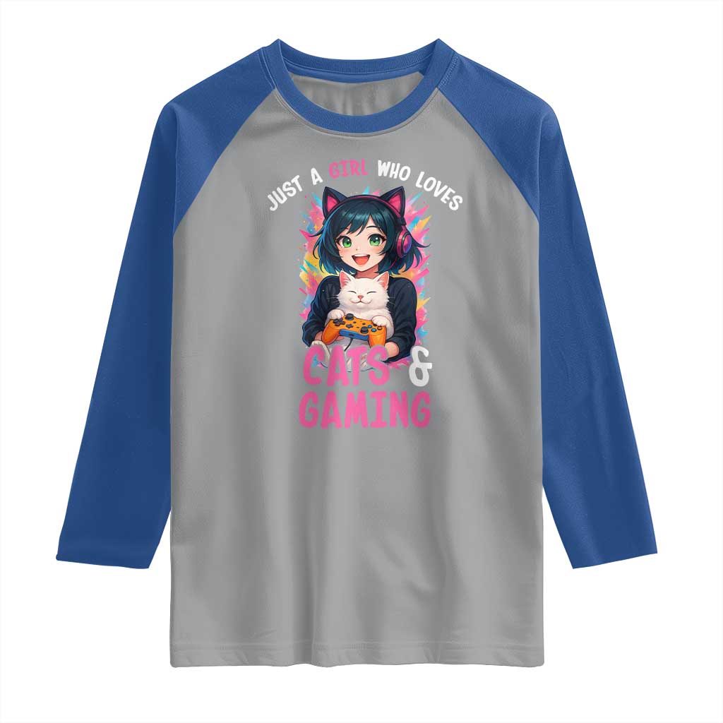 Just A Girl Who Loves Cats And Gaming Raglan Shirt Cute Gamer Gift TS12 Sport Gray Royal Print Your Wear