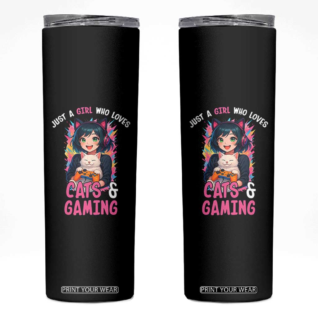 Just A Girl Who Loves Cats And Gaming Skinny Tumbler Cute Gamer Gift TS12 Black Print Your Wear