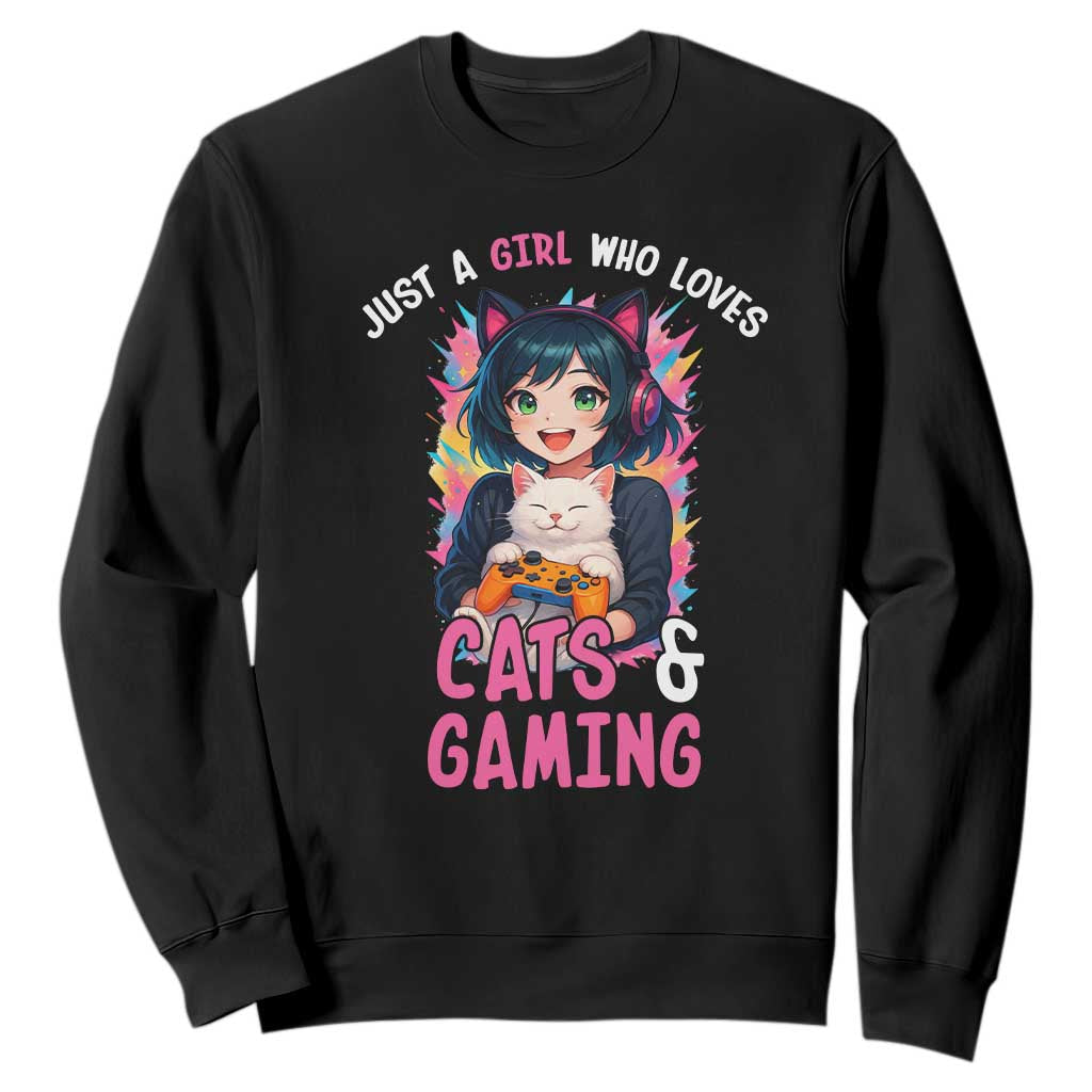 Just A Girl Who Loves Cats And Gaming Sweatshirt Cute Gamer Gift TS12 Black Print Your Wear