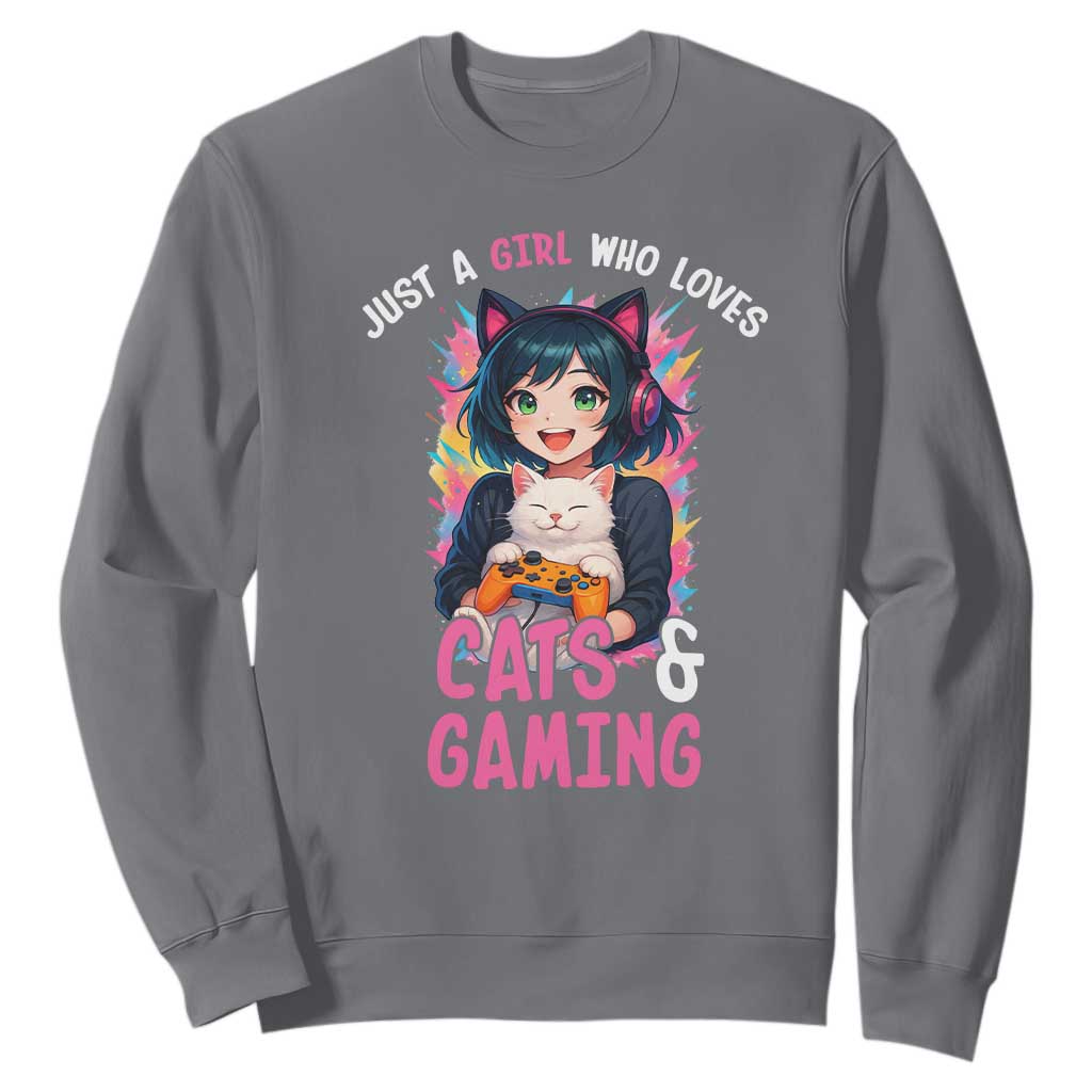 Just A Girl Who Loves Cats And Gaming Sweatshirt Cute Gamer Gift TS12 Charcoal Print Your Wear