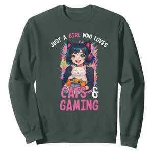 Just A Girl Who Loves Cats And Gaming Sweatshirt Cute Gamer Gift TS12 Dark Forest Green Print Your Wear