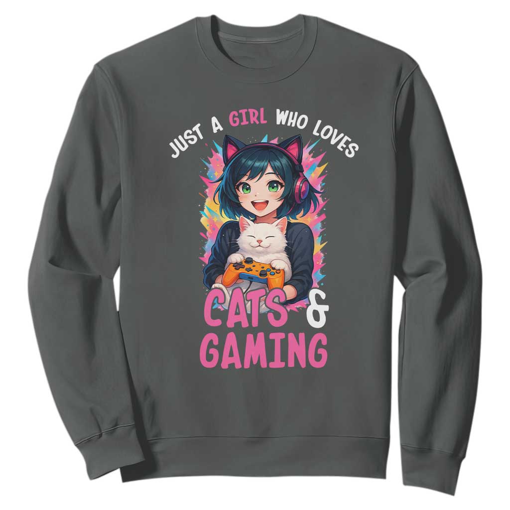 Just A Girl Who Loves Cats And Gaming Sweatshirt Cute Gamer Gift TS12 Dark Heather Print Your Wear