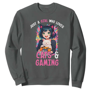 Just A Girl Who Loves Cats And Gaming Sweatshirt Cute Gamer Gift TS12 Dark Heather Print Your Wear