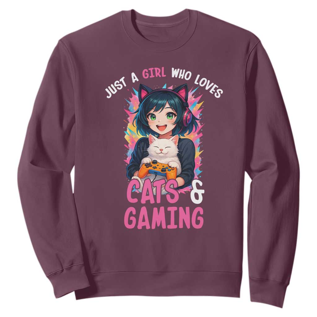 Just A Girl Who Loves Cats And Gaming Sweatshirt Cute Gamer Gift TS12 Maroon Print Your Wear