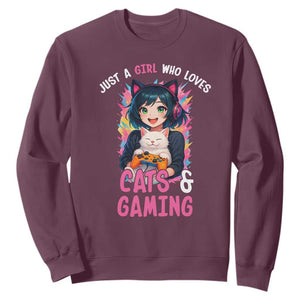 Just A Girl Who Loves Cats And Gaming Sweatshirt Cute Gamer Gift TS12 Maroon Print Your Wear