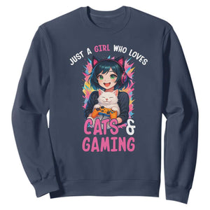 Just A Girl Who Loves Cats And Gaming Sweatshirt Cute Gamer Gift TS12 Navy Print Your Wear