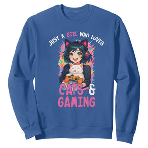 Just A Girl Who Loves Cats And Gaming Sweatshirt Cute Gamer Gift TS12 Royal Blue Print Your Wear