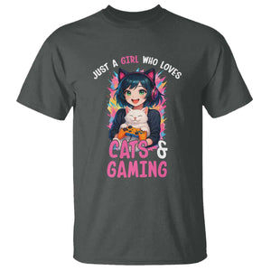 Just A Girl Who Loves Cats And Gaming T Shirt Cute Gamer Gift TS12 Dark Heather Print Your Wear