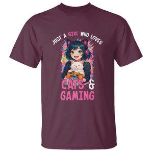 Just A Girl Who Loves Cats And Gaming T Shirt Cute Gamer Gift TS12 Maroon Print Your Wear