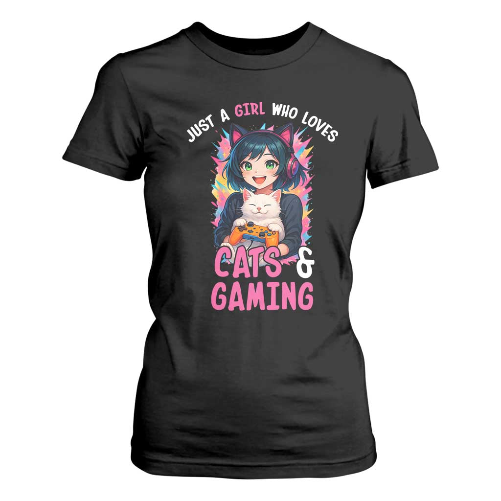 Just A Girl Who Loves Cats And Gaming T Shirt For Women Cute Gamer Gift TS12 Black Print Your Wear