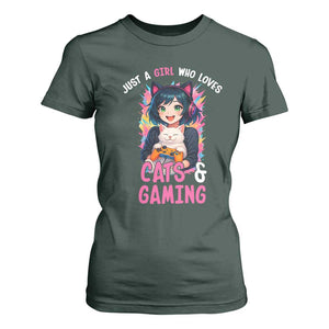 Just A Girl Who Loves Cats And Gaming T Shirt For Women Cute Gamer Gift TS12 Dark Forest Green Print Your Wear