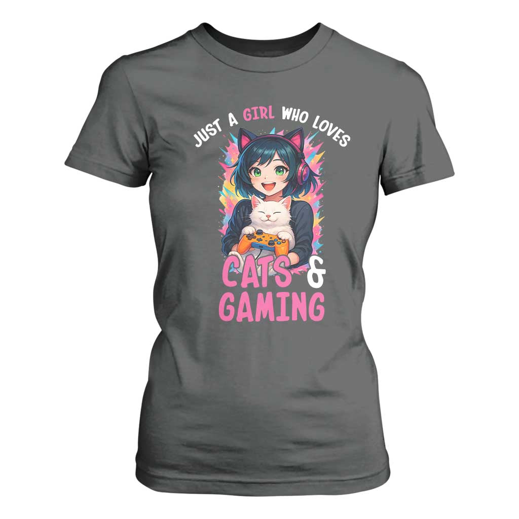 Just A Girl Who Loves Cats And Gaming T Shirt For Women Cute Gamer Gift TS12 Dark Heather Print Your Wear