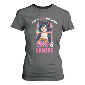Just A Girl Who Loves Cats And Gaming T Shirt For Women Cute Gamer Gift TS12 Dark Heather Print Your Wear