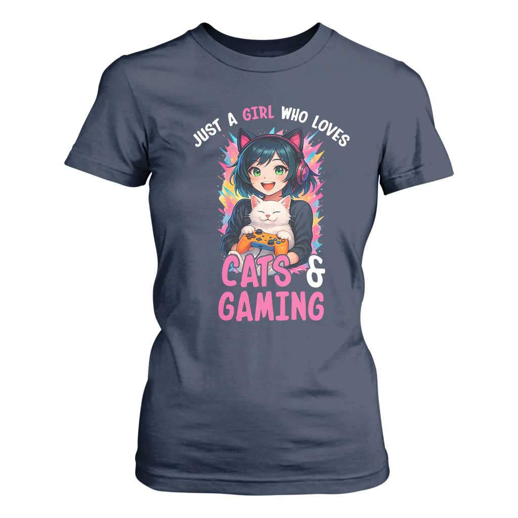 Just A Girl Who Loves Cats And Gaming T Shirt For Women Cute Gamer Gift TS12 Navy Print Your Wear
