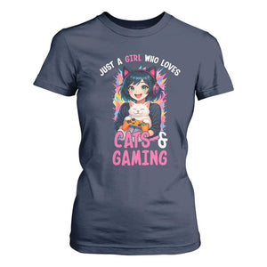 Just A Girl Who Loves Cats And Gaming T Shirt For Women Cute Gamer Gift TS12 Navy Print Your Wear