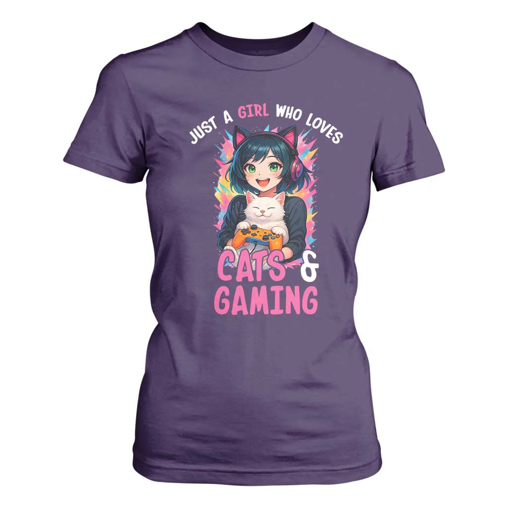 Just A Girl Who Loves Cats And Gaming T Shirt For Women Cute Gamer Gift TS12 Purple Print Your Wear