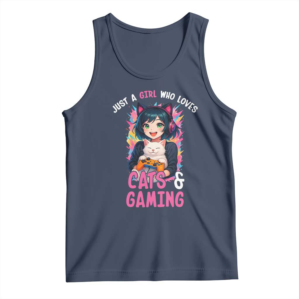 Just A Girl Who Loves Cats And Gaming Tank Top Cute Gamer Gift TS12 Navy Print Your Wear