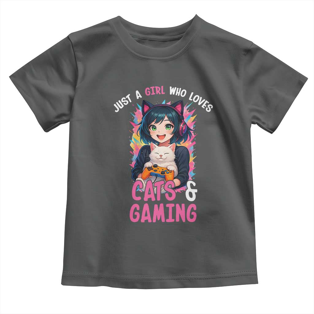 Just A Girl Who Loves Cats And Gaming Toddler T Shirt Cute Gamer Gift TS12 Dark Heather Print Your Wear
