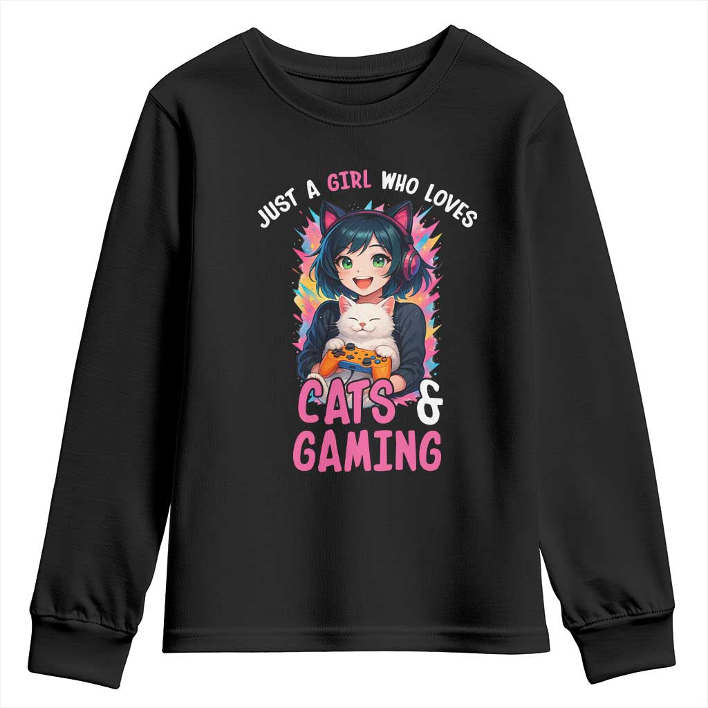 Just A Girl Who Loves Cats And Gaming Youth Sweatshirt Cute Gamer Gift TS12 Black Print Your Wear