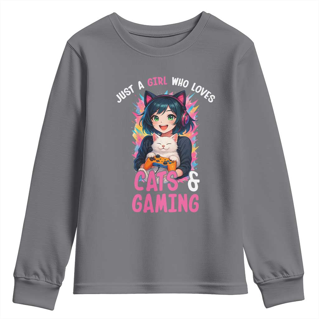 Just A Girl Who Loves Cats And Gaming Youth Sweatshirt Cute Gamer Gift TS12 Charcoal Print Your Wear