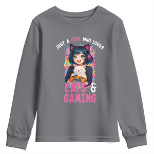 Just A Girl Who Loves Cats And Gaming Youth Sweatshirt Cute Gamer Gift TS12 Charcoal Print Your Wear