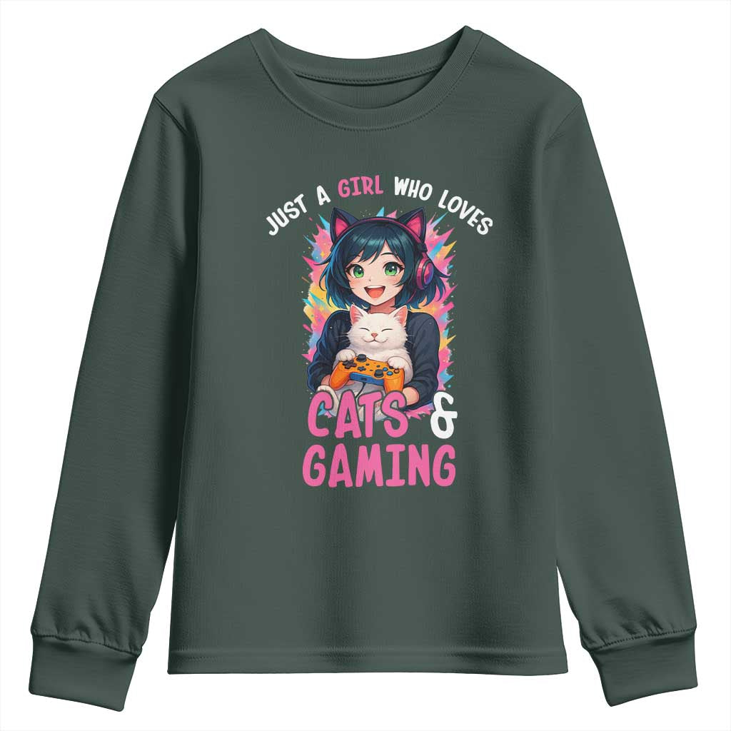Just A Girl Who Loves Cats And Gaming Youth Sweatshirt Cute Gamer Gift TS12 Dark Forest Green Print Your Wear