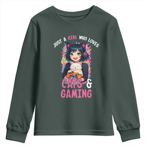 Just A Girl Who Loves Cats And Gaming Youth Sweatshirt Cute Gamer Gift TS12 Dark Forest Green Print Your Wear