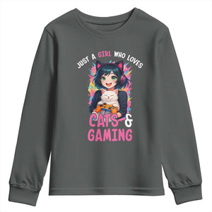 Just A Girl Who Loves Cats And Gaming Youth Sweatshirt Cute Gamer Gift TS12 Dark Heather Print Your Wear