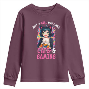 Just A Girl Who Loves Cats And Gaming Youth Sweatshirt Cute Gamer Gift TS12 Maroon Print Your Wear