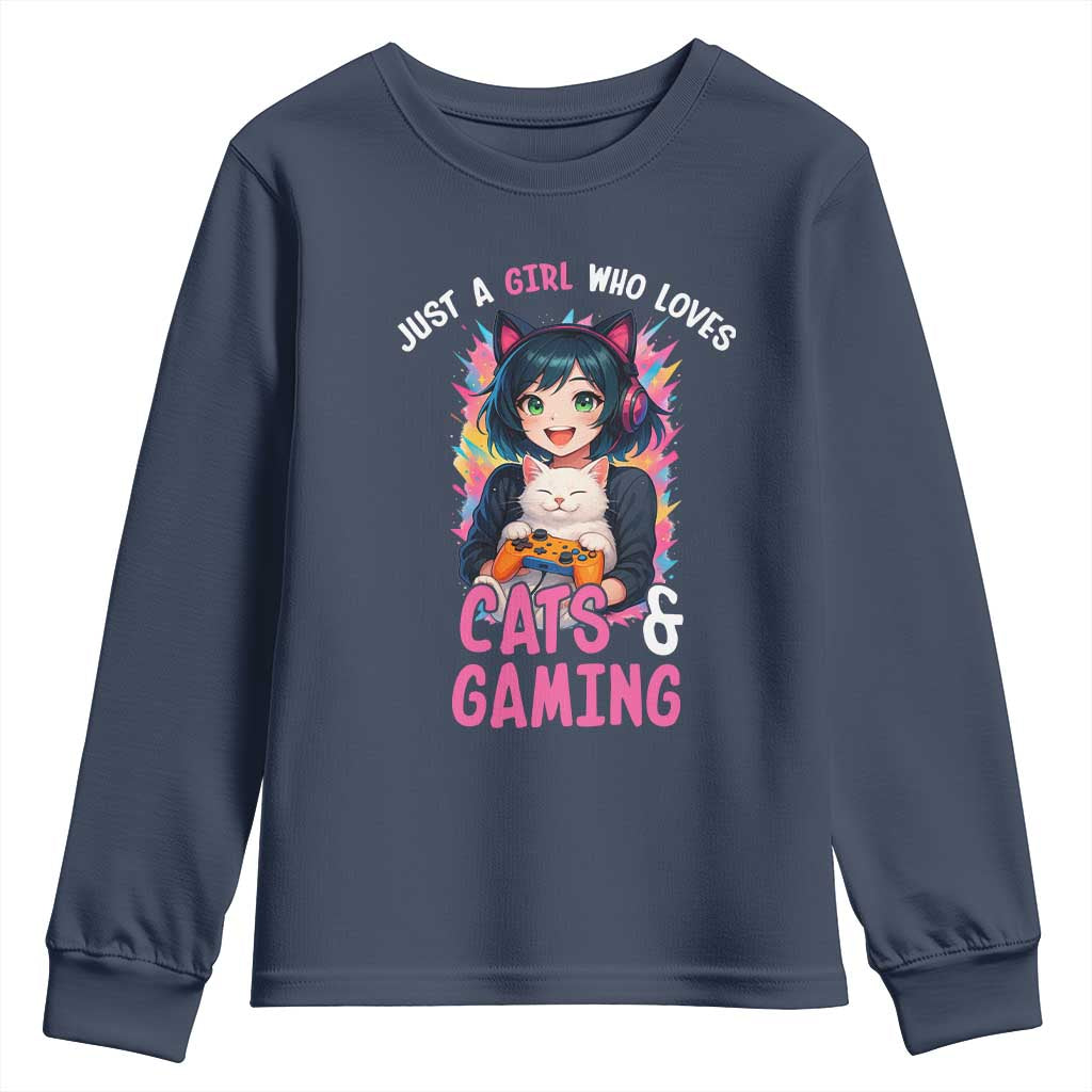 Just A Girl Who Loves Cats And Gaming Youth Sweatshirt Cute Gamer Gift TS12 Navy Print Your Wear