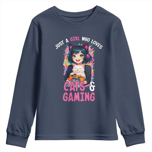 Just A Girl Who Loves Cats And Gaming Youth Sweatshirt Cute Gamer Gift TS12 Navy Print Your Wear
