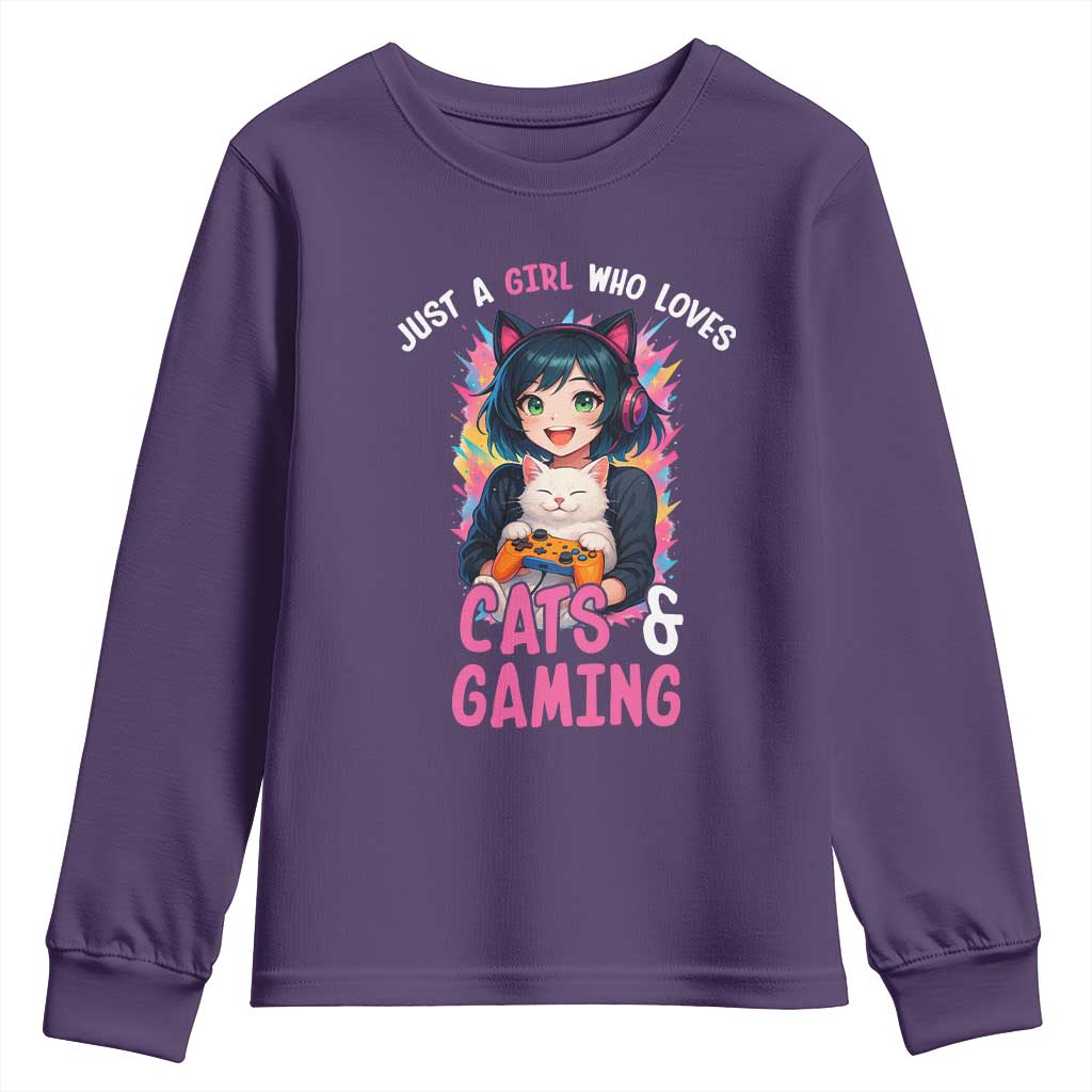 Just A Girl Who Loves Cats And Gaming Youth Sweatshirt Cute Gamer Gift TS12 Purple Print Your Wear