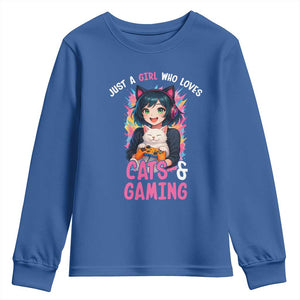 Just A Girl Who Loves Cats And Gaming Youth Sweatshirt Cute Gamer Gift TS12 Royal Blue Print Your Wear