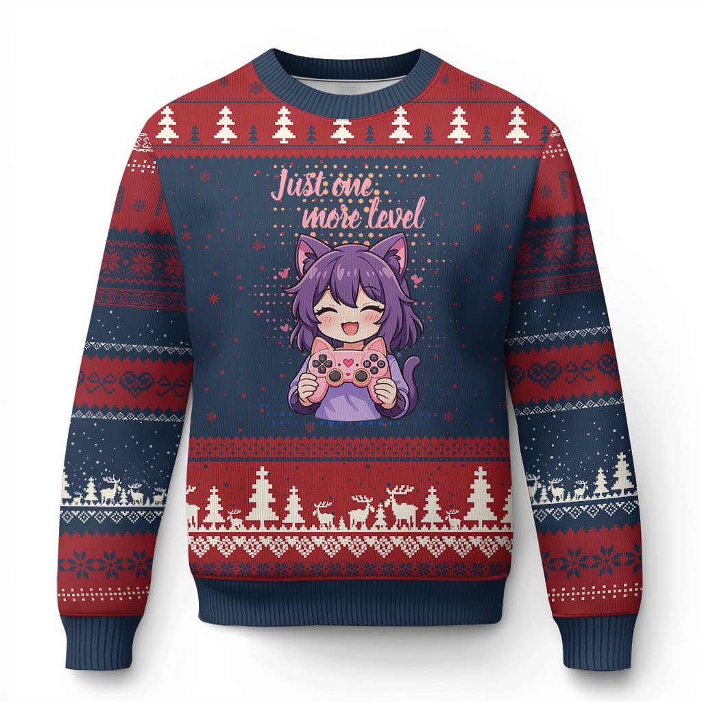 Just One More Game Ugly Christmas Sweater Cute Girl Playing Game Humor Gift TS12 Navy Red Print Your Wear