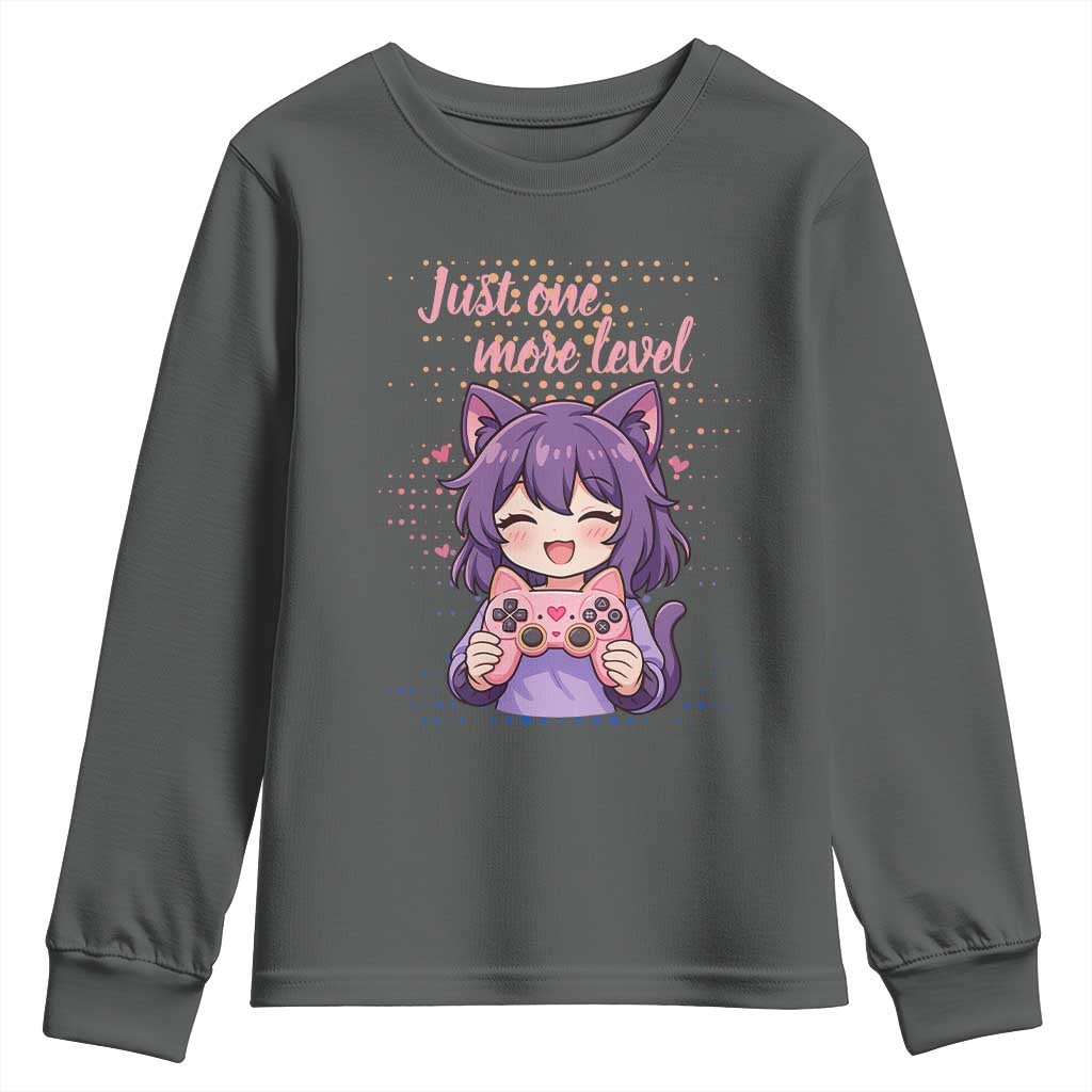 Just One More Game Youth Sweatshirt Cute Girl Playing Game Humor Gift TS12 Dark Heather Print Your Wear