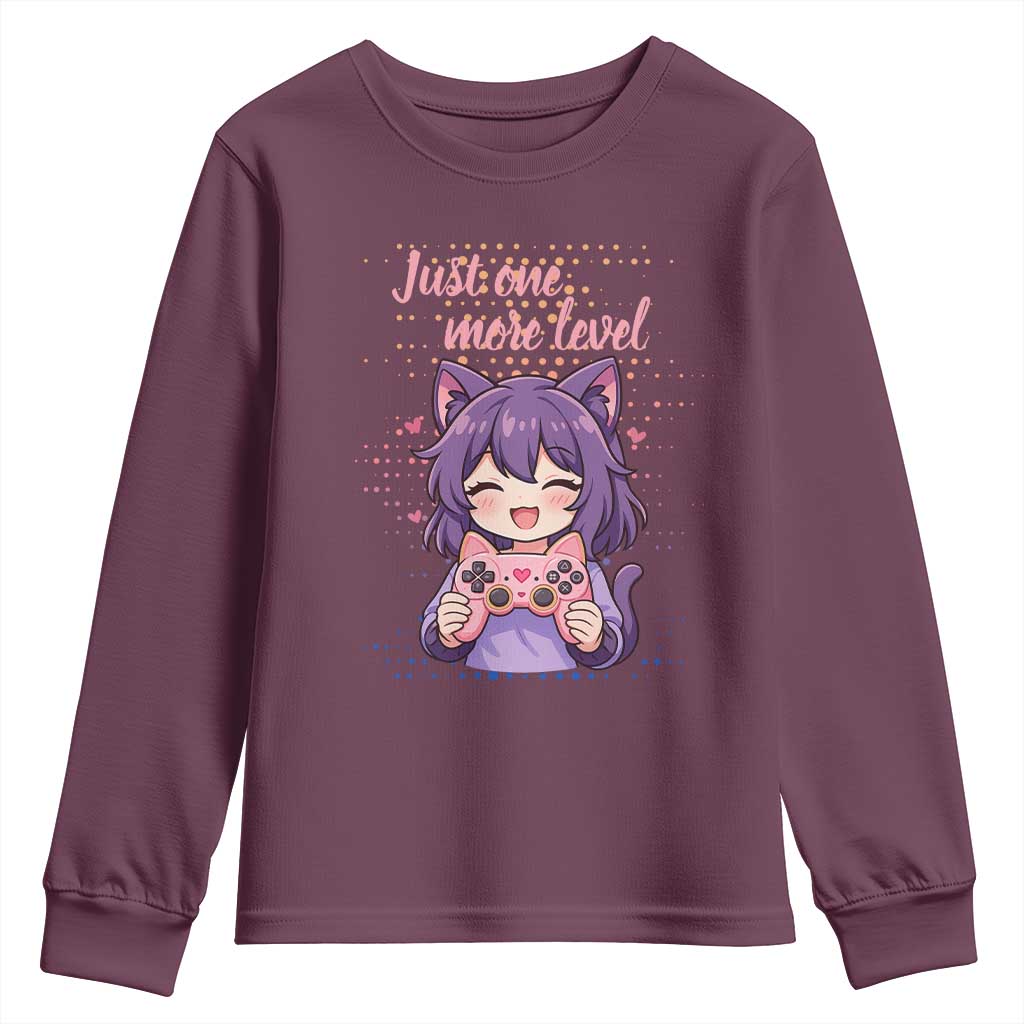 Just One More Game Youth Sweatshirt Cute Girl Playing Game Humor Gift TS12 Maroon Print Your Wear