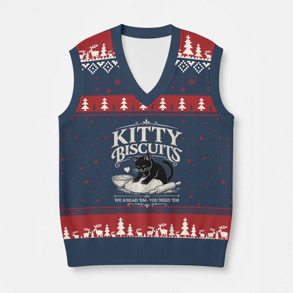 Kitty Biscuits We Knead Em You Need Em V-Neck Knit Sweater Vest Funny Black Cat Making Biscuits Baking TS12 Navy Red Print Your Wear
