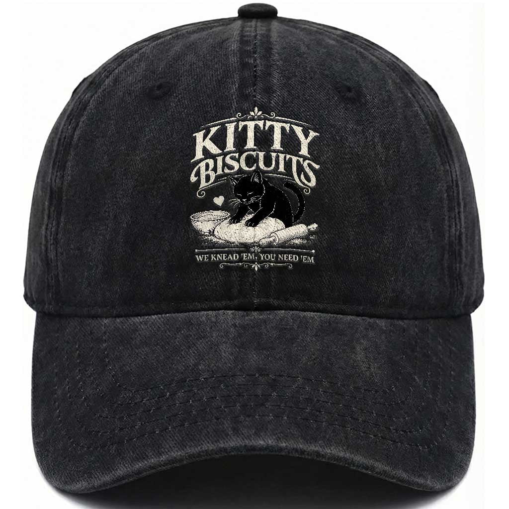 Kitty Biscuits We Knead Em You Need Em Washed Cotton Baseball Cap Funny Black Cat Making Biscuits Baking TS12 Print Your Wear