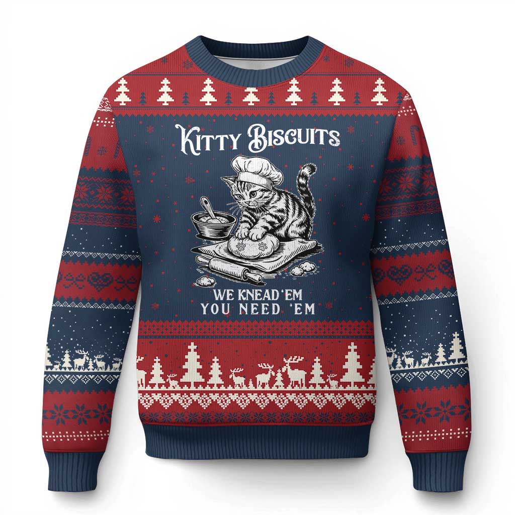 Funny Kitty Biscuits Bakery Ugly Christmas Sweater We Knead Em You Need Em TS12 Navy Red Print Your Wear