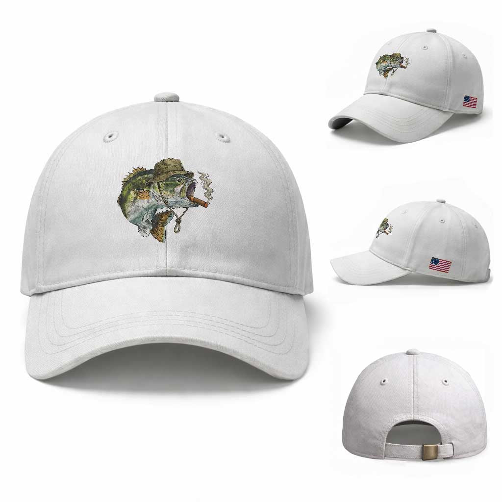 Funny Smoking Bass Fish Baseball Cap Bass Fishing Lover Graphic TS12 Baseball Cap Universal Fit White Print Your Wear